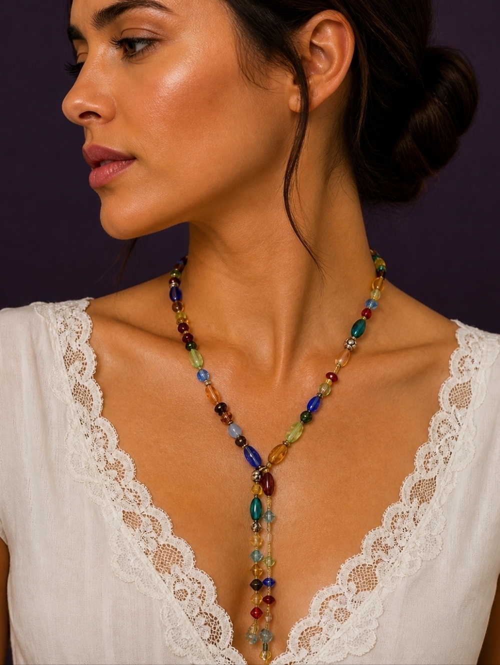 HANDMADE Western Rainbow Glass Beaded Lariat Hippie Necklace